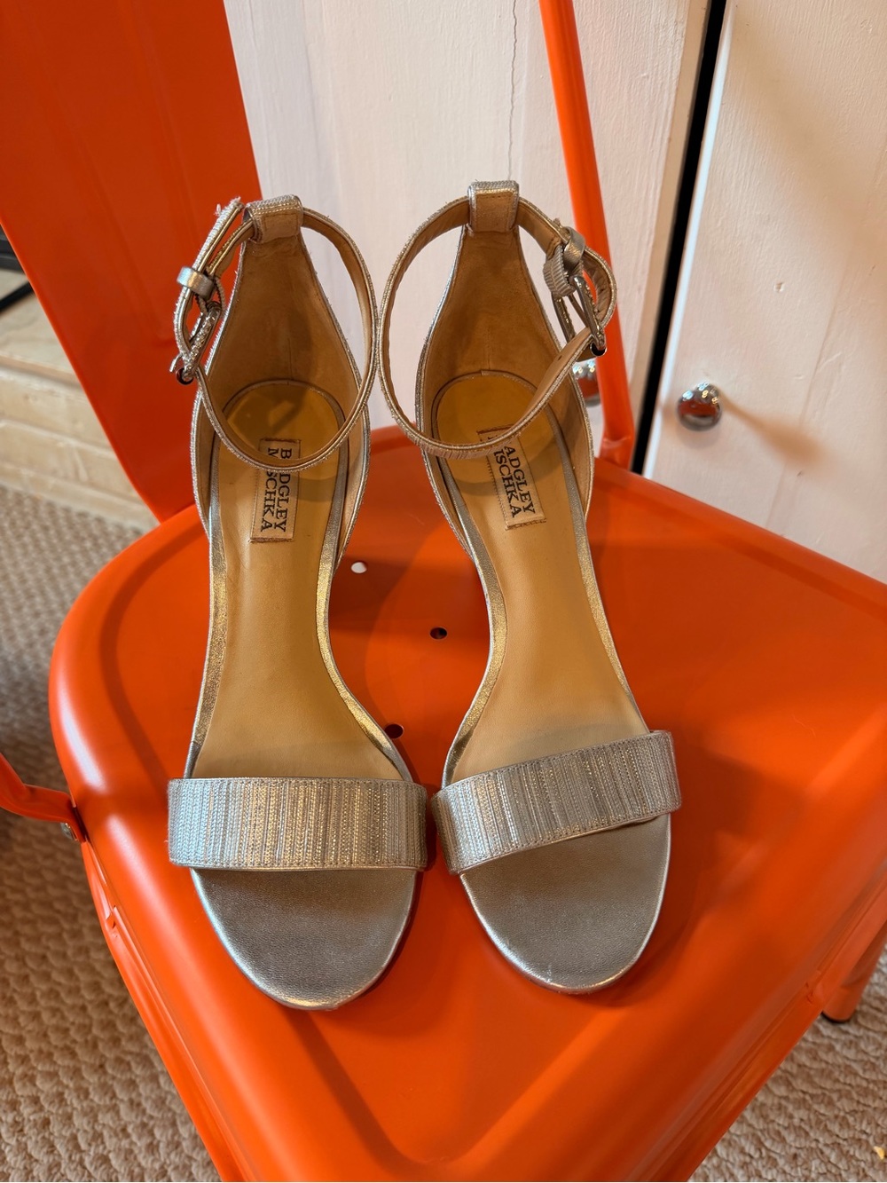 Badgley Mischka Silver Ankle-Strap Open-Toe Heels